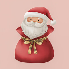 Cute cartoon Santa Claus character holding a red shopping bag, surrounded by snowflakes, on a light blue background, embodying festive holiday spirit and joy