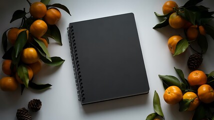 A dark spiral bound notebook rests amidst a vibrant display of fresh kumquats and green leaves on a white surface