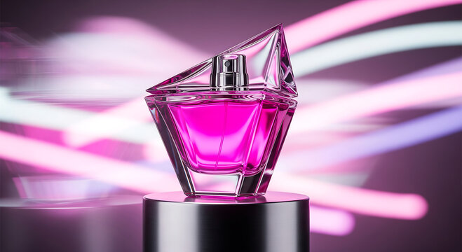 A luxurious geometric glass perfume bottle filled with pink liquid is displayed on a metallic stand illuminated by