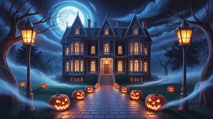 Spooky victorian mansion illuminated by jack o lanterns under a full moon