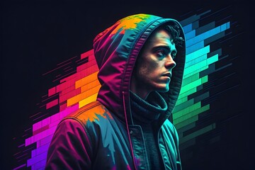 Young man wearing a colorful hooded jacket with a digital sound wave background