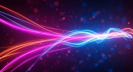 Vibrant neon light trails intertwining in a dark cosmic background