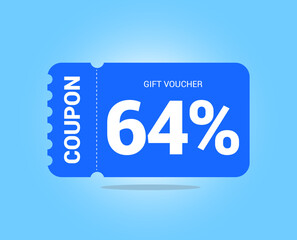 64% coupon promotion sale. Sixty four percent Vector Gift Voucher. Blue discount, lucky ticket, special offer promo. Web, shopping label, percent sign. Special price offers.