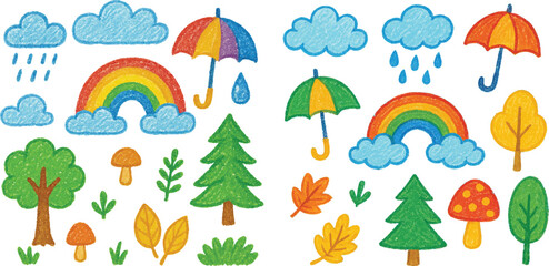 Multi colored crayon drawn childish vector icons. Clouds, rainy weather stickers, umbrellas, rainbow, forest elements