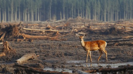 Solitary deer standing in a desolate deforested landscape surrounded by fallen trees, symbolizing habitat loss, climate change, and wildlife extinction threats




