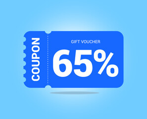 65% coupon promotion sale. Sixty five percent Vector Gift Voucher. Blue discount, lucky ticket, special offer promo. Web, shopping label, percent sign. Special price offers.