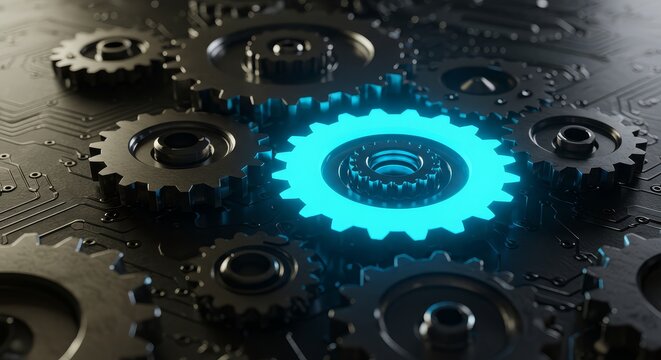 Glowing blue gear at the center of interlocking metal cogs