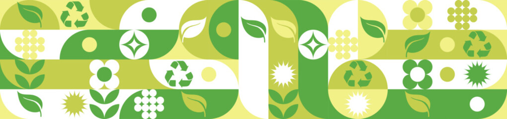 Bio template for ecological social projects, seamless pattern for eco packaging with green flowers. Natural style banner, mosaic of geometric white shapes.