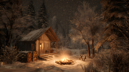 Cozy Wooden Cabin Retreat on a Snowy Night with Warm Campfire Glow