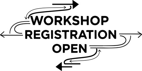 Vector art of workshop registration open announcement with dynamic arrow graphics and bold text