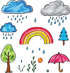 Multi colored crayon drawn childish vector icons. Clouds, rainy weather stickers, umbrellas, rainbow, forest elements