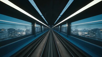 High speed futuristic train journey through a modern cityscape tunnel with dynamic motion blur and vibrant glowing lights - Powered by Adobe