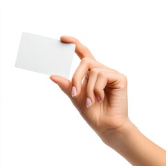 Obraz premium hand gently presenting a credit card, fingers curled under, isolated object on white, modern shopping or e-commerce concept