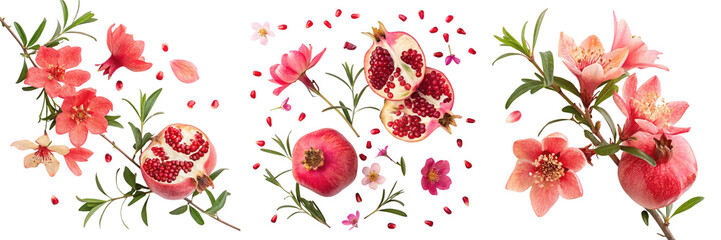 Set of A pink Pomegranate Flowers and Fruit in Full Bloom Illustration isolated on a transparent background