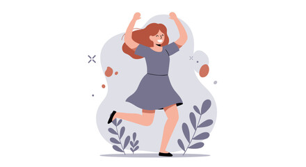 Joyful woman dancing in nature with abstract shapes
