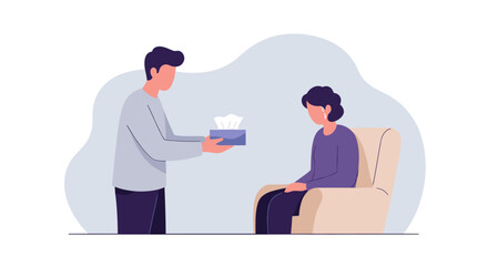 Offering comfort: man handing tissue to woman in armchair in modern fl
