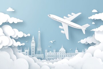 Papercraft airplane flying over city landmarks