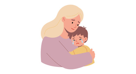 Mother comforting sad child: warm embrace with gentle care and emotion