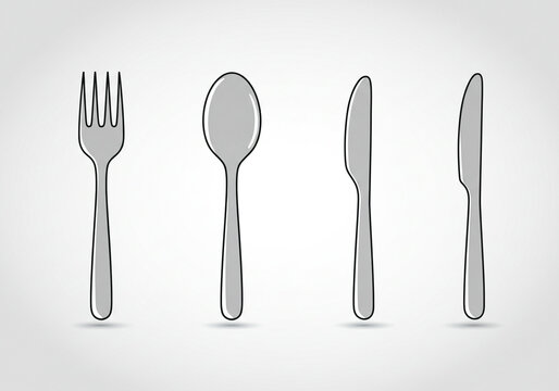 Cutlery Set Illustration &ndash; Fork, Spoon, and Two Knives Neatly Aligned on Plain Background