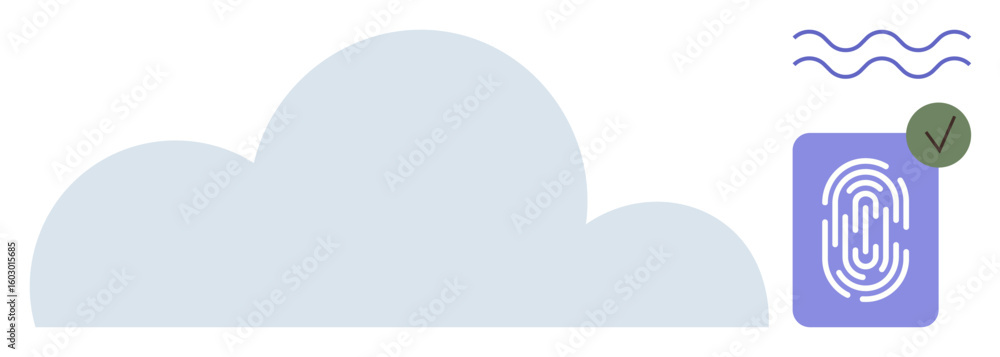 Poster blue cloud icon next to fingerprint scanner with a green checkmark and simple waves indicating conne