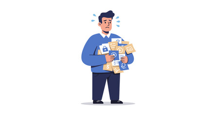 Confused man holding icons: security, currency, cloud network concept