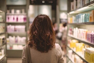 over-the-shoulder view of woman browsing skincare section in tax-free shop, shoulder-length hair, clean modern shelves in front, soft lighting