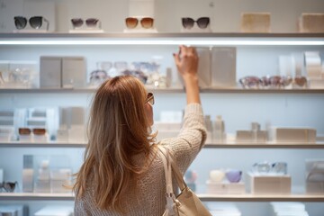 over-the-shoulder view of woman reaching for sunglasses on shelf in luxury tax-free shop, minimal modern decor, retail travel moment