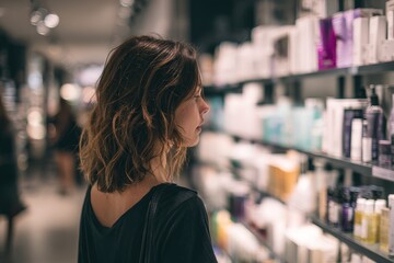 over-the-shoulder view of woman browsing skincare section in tax-free shop, shoulder-length hair, clean modern shelves in front, soft lighting