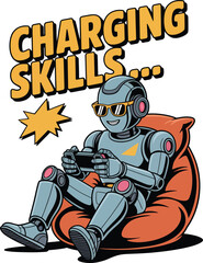 Cool robot wearing sunglasses playing video games while relaxing on a beanbag chair
