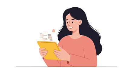 Smiling woman holding and reading a document in minimalist style