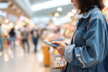 partial side view of Asian tourist in denim jacket holding passport and shopping bag, standing near cashier counter, duty-free interior, light and clean vibe