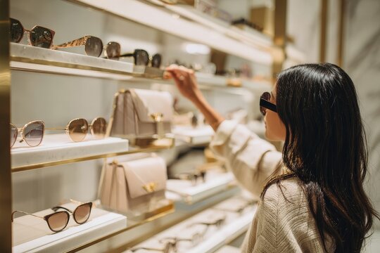 over-the-shoulder view of woman reaching for sunglasses on shelf in luxury tax-free shop, minimal modern decor, retail travel moment