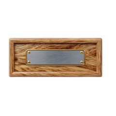 Wooden desk nameplate with blank white insert isolated on transparent background