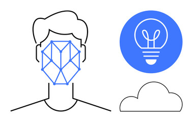 Geometric face map overlay on silhouette, blue innovation lightbulb, minimalistic cloud icon. Ideal for AI, security, technology, innovation, data analytics, cloud computing simple landing page