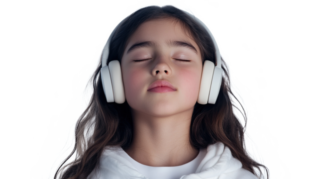 Beautiful young girl listening to music with headphones and closing her eyes, isolated on transparent background. PNG