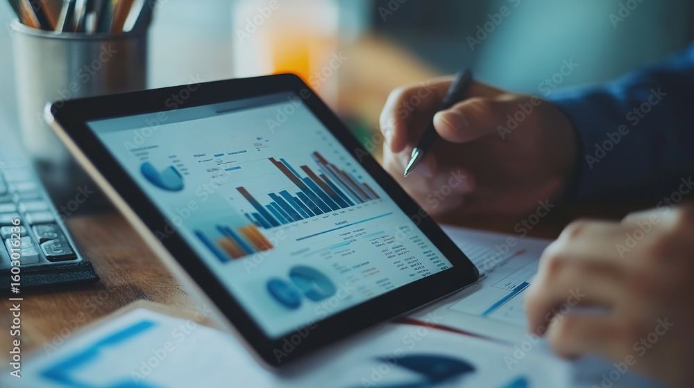 Poster a person analyzes financial data on a tablet displaying charts and graphs, using a stylus to review 