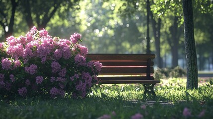 Sunny park scene with flowers and bench
