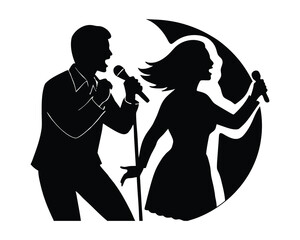 Singing karaoke together silhouette vector illustration