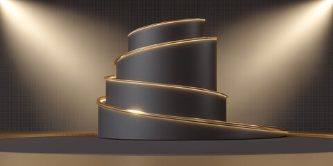 A luxurious 3D podium with spiraled layers and gold accents illuminated by spotlights, creating an elegant and modern display scene ideal for showcasing premium products.