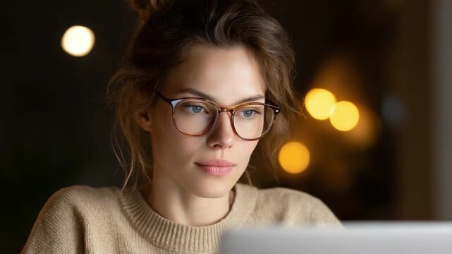 Focused Gaze of a Professional: A captivating portrait of a young professional engrossed in her work, her eyes fixated on a screen, illuminated by soft, ambient lighting.