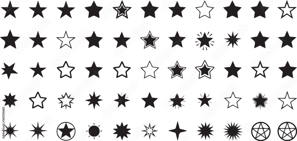 Poster collection of hand drawn stars and celestial elements isolated on transparent background