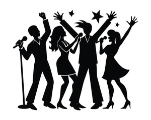 Singing karaoke together silhouette vector illustration