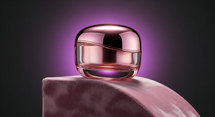 A rose gold metallic glass jar of face cream sits on a pink velvet draped pedestal against a dark background with a purple