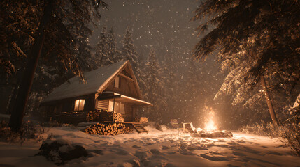 Cozy Wooden Cabin Retreat on a Snowy Night with Warm Campfire Glow
