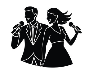 Singing karaoke together silhouette vector illustration