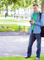 Man standing on paved path using smartphone with backpack under dappled tree shade in public park