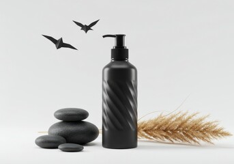 Elegant black pump bottle with spa stones and dried grass for a serene aesthetic on gray background