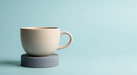 Obraz premium A minimalist beige ceramic mug sits on a textured grey circular base against a soft pastel blue background