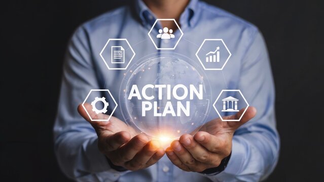 Business professional holds holographic globe with action plan icons, symbolizing strategic growth and global execution. - Powered by Adobe