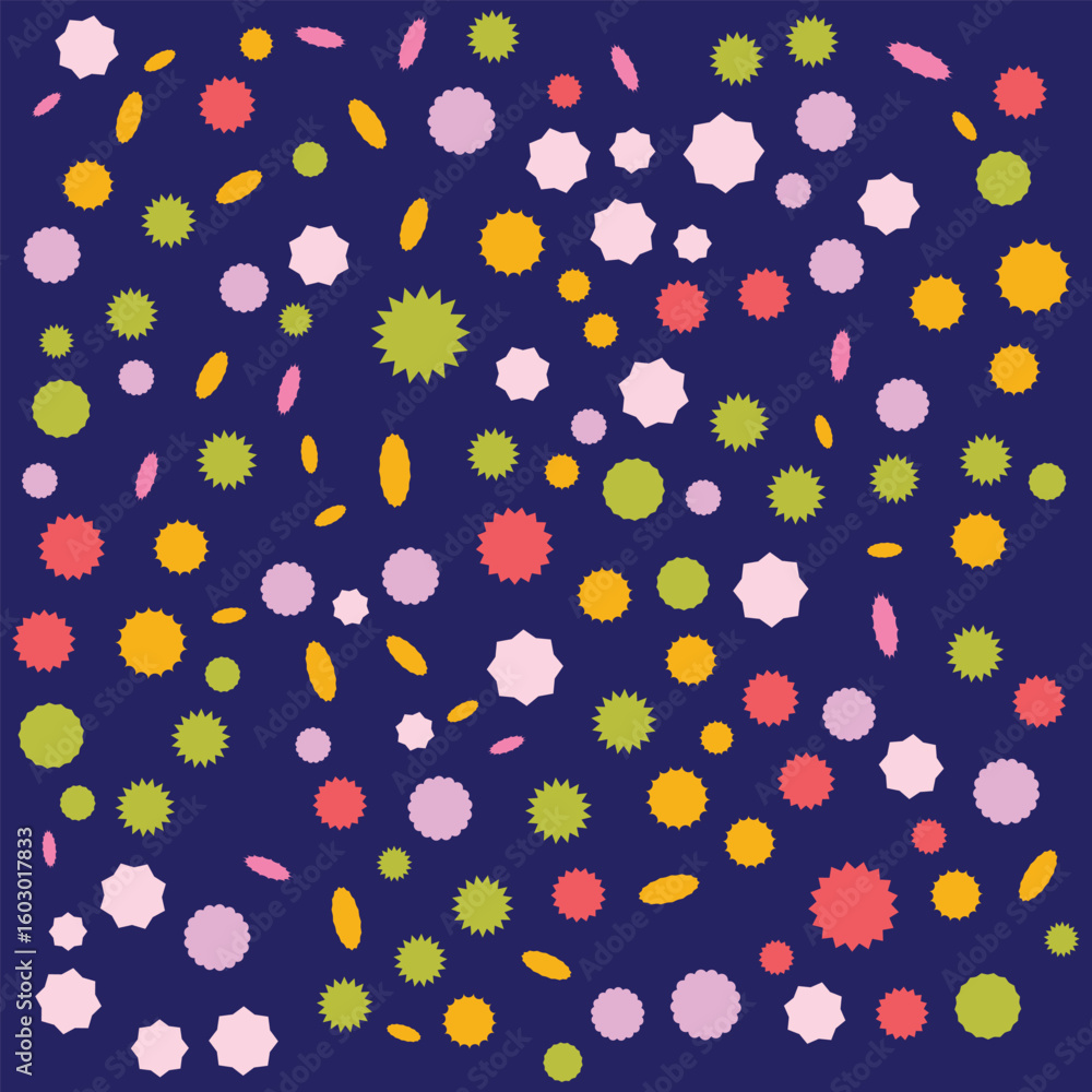 Poster a vibrant galaxy of shapes a dynamic composition of colorful geometric forms on a deep blue backdrop